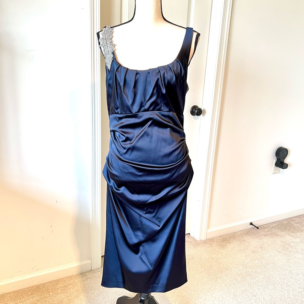 SUZI CHIN For MAGGY BOUTIQUE Ruched Rhinestone Feather Embellished Dress…
